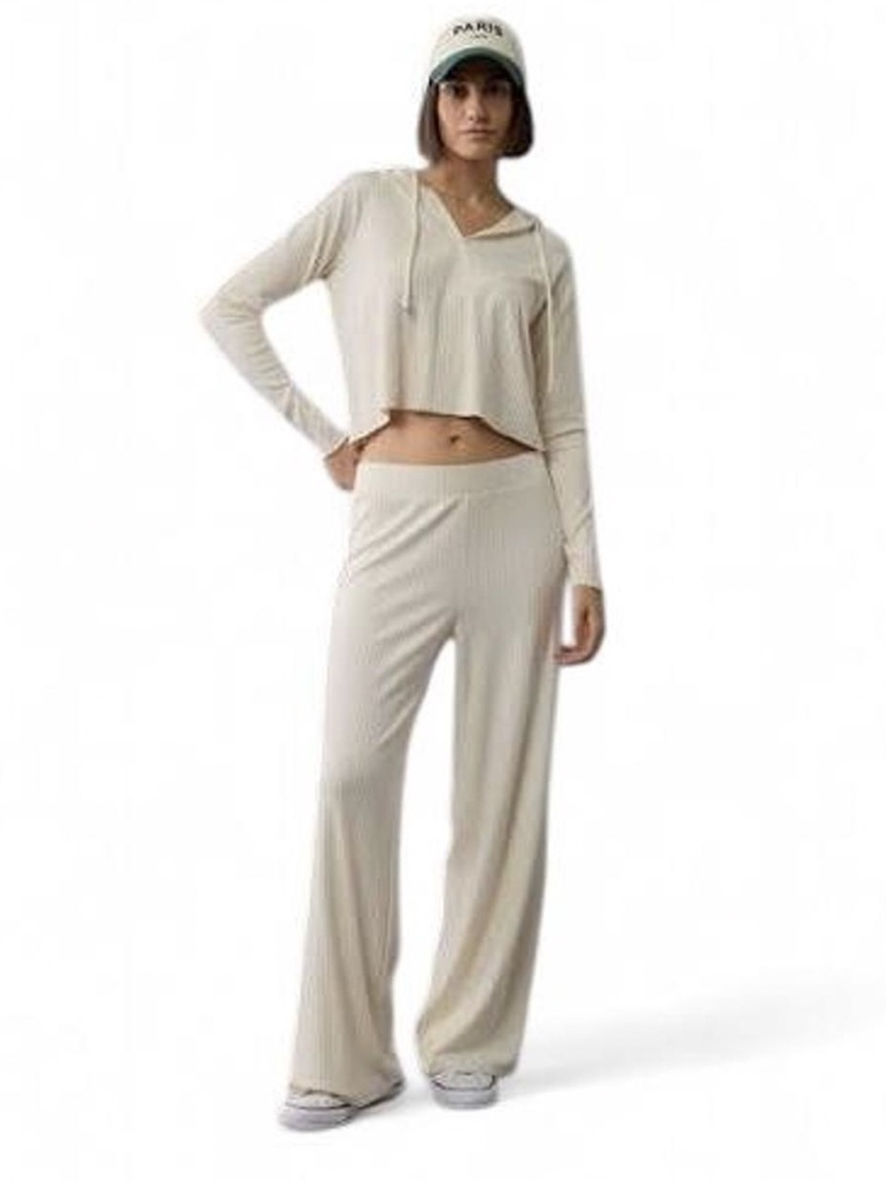 American Eagle AE Small Cream Ribbed Two-Piece Lounge Set - Picture 1 of 7